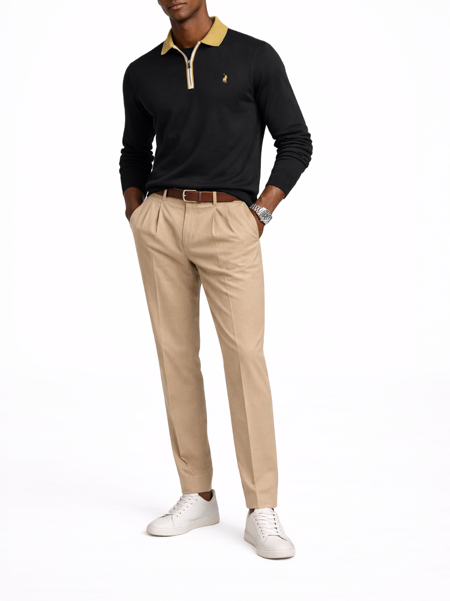 Tipped Knitted Long Sleeve Golfer in Navy