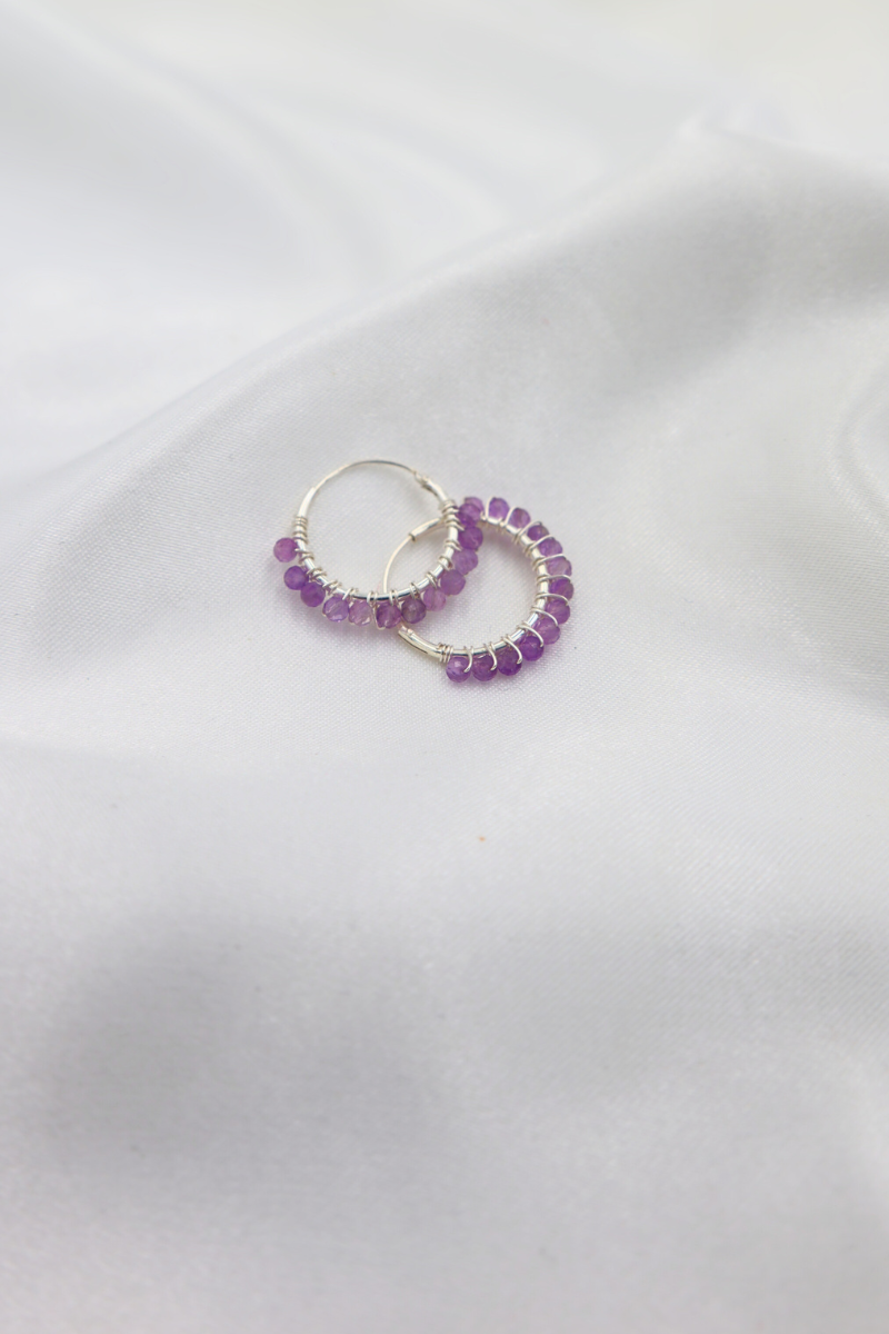 Sterling Silver Amethyst Beaded Sleeper Hoops