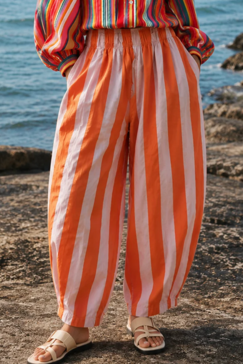 Stripe Cotton Barrel Pant in Pink / Flame