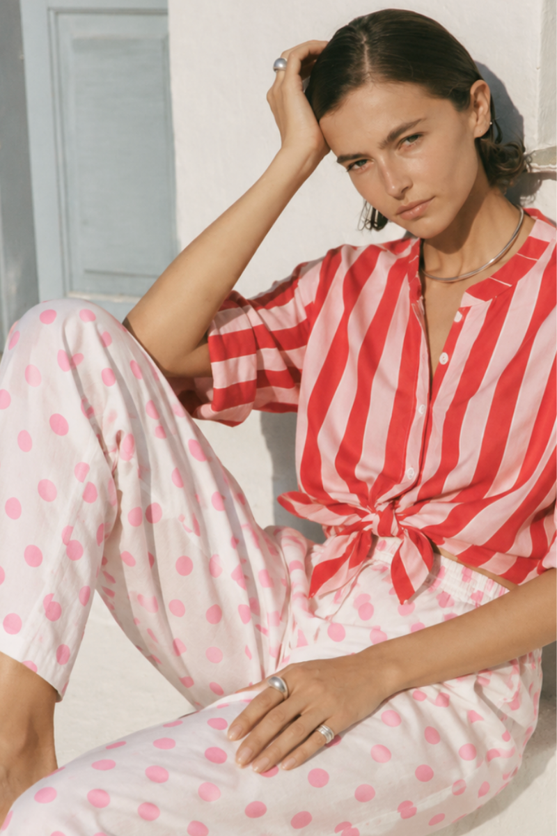 Stripe 3/4 Sleeve Tencel Blouse in Red / White