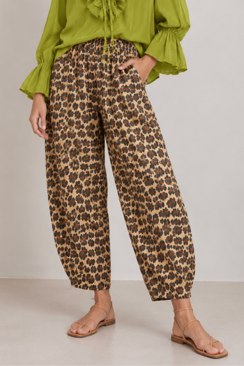 Leopard Cotton Barrel Pant in Brown