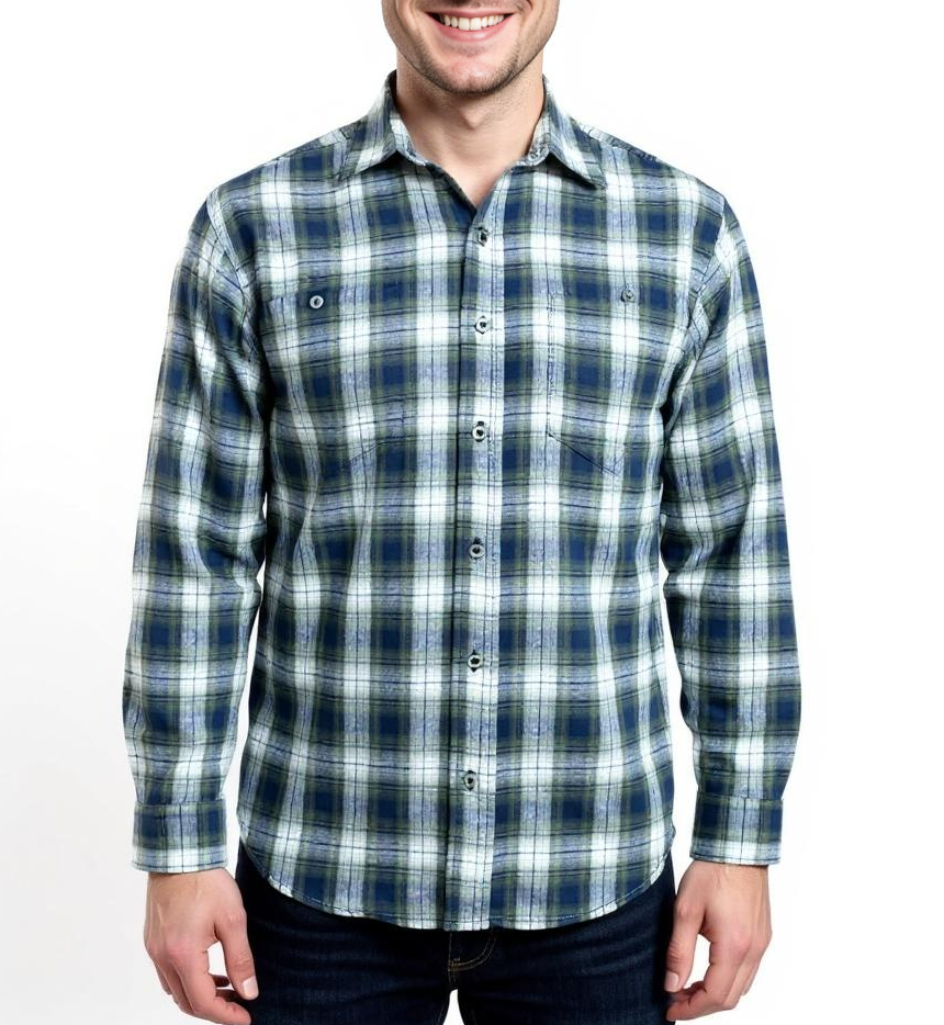 Brushed Cotton Plaid Shirt in Green / Navy