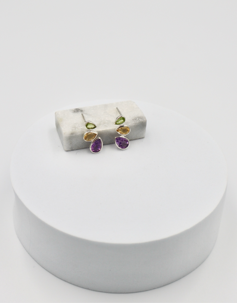 3 Stone Stud Sterling Silver Earrings