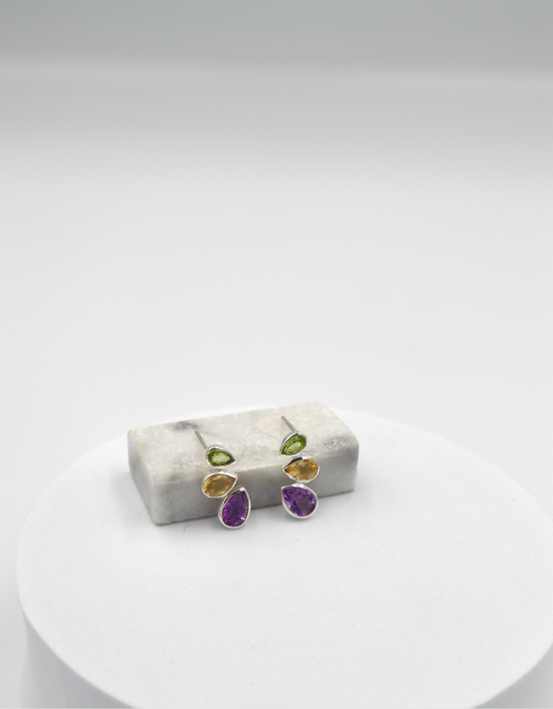 3 Stone Stud Sterling Silver Earrings