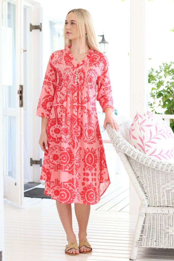 Frill Pin Tuck Dress in Red Print