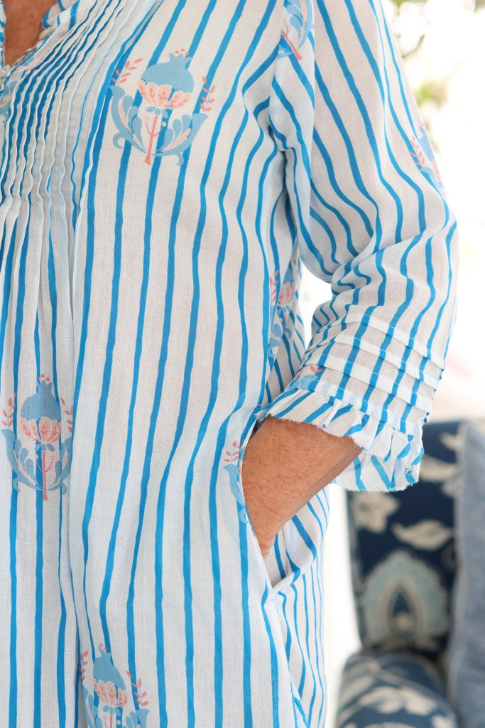 Frill Pin Tuck Dress in Blue Stripe