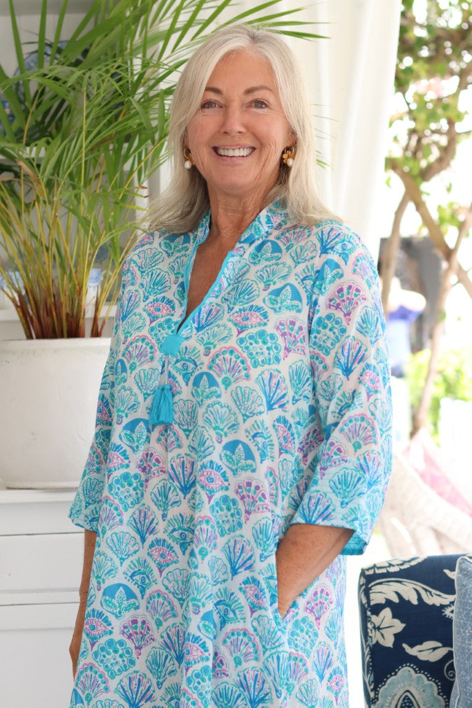 Tina Tassel Dress in Blue Seashell