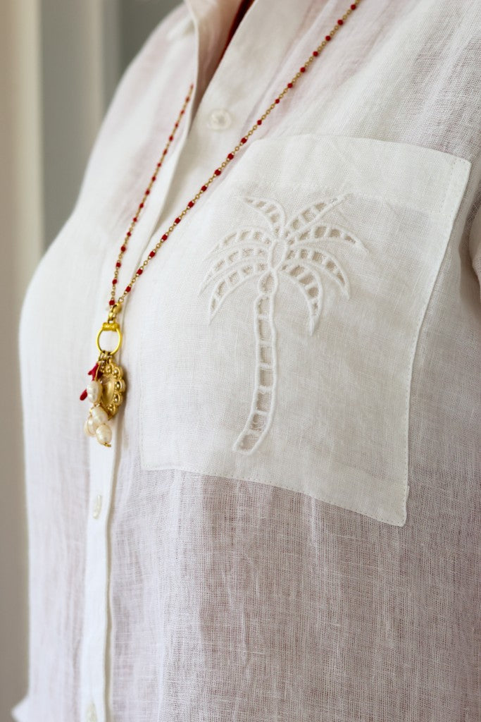 Linen Shirt Dress in White Palm