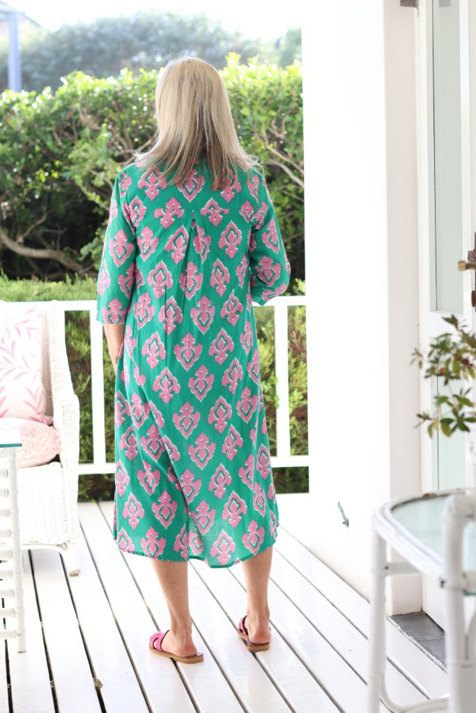 Front Pleat Dress in Green / Pink