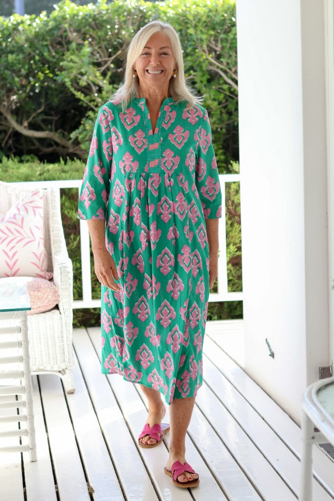 Front Pleat Dress in Green / Pink