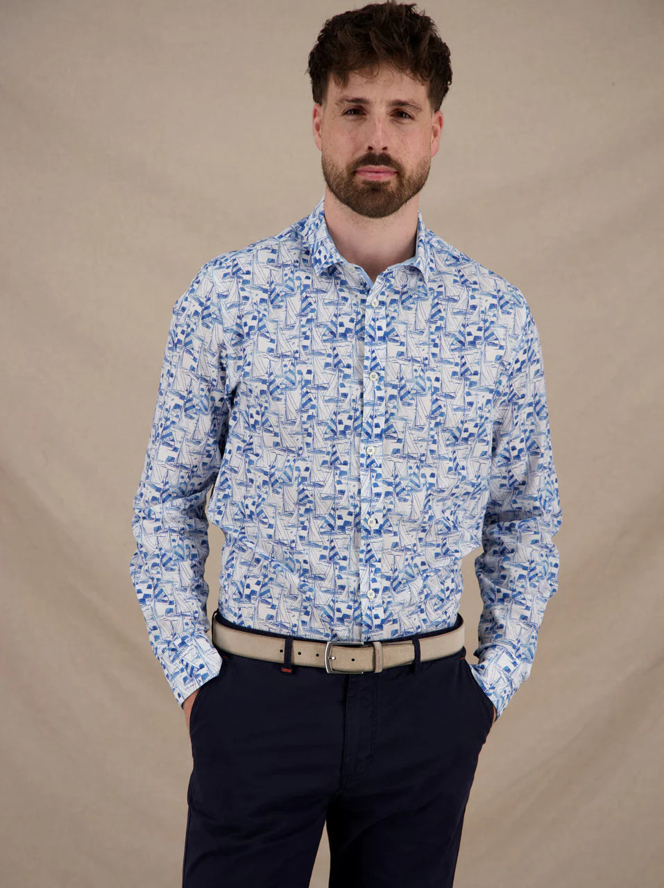 Sailing Boats LS Cotton/Linen Shirt in Light Blue