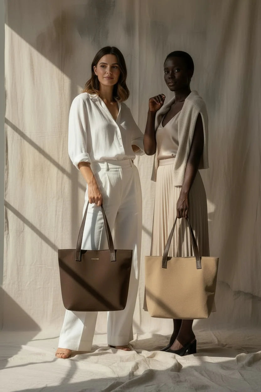 Emmy Unlined Leather Tote with Zip in Choc Ganache & Suede