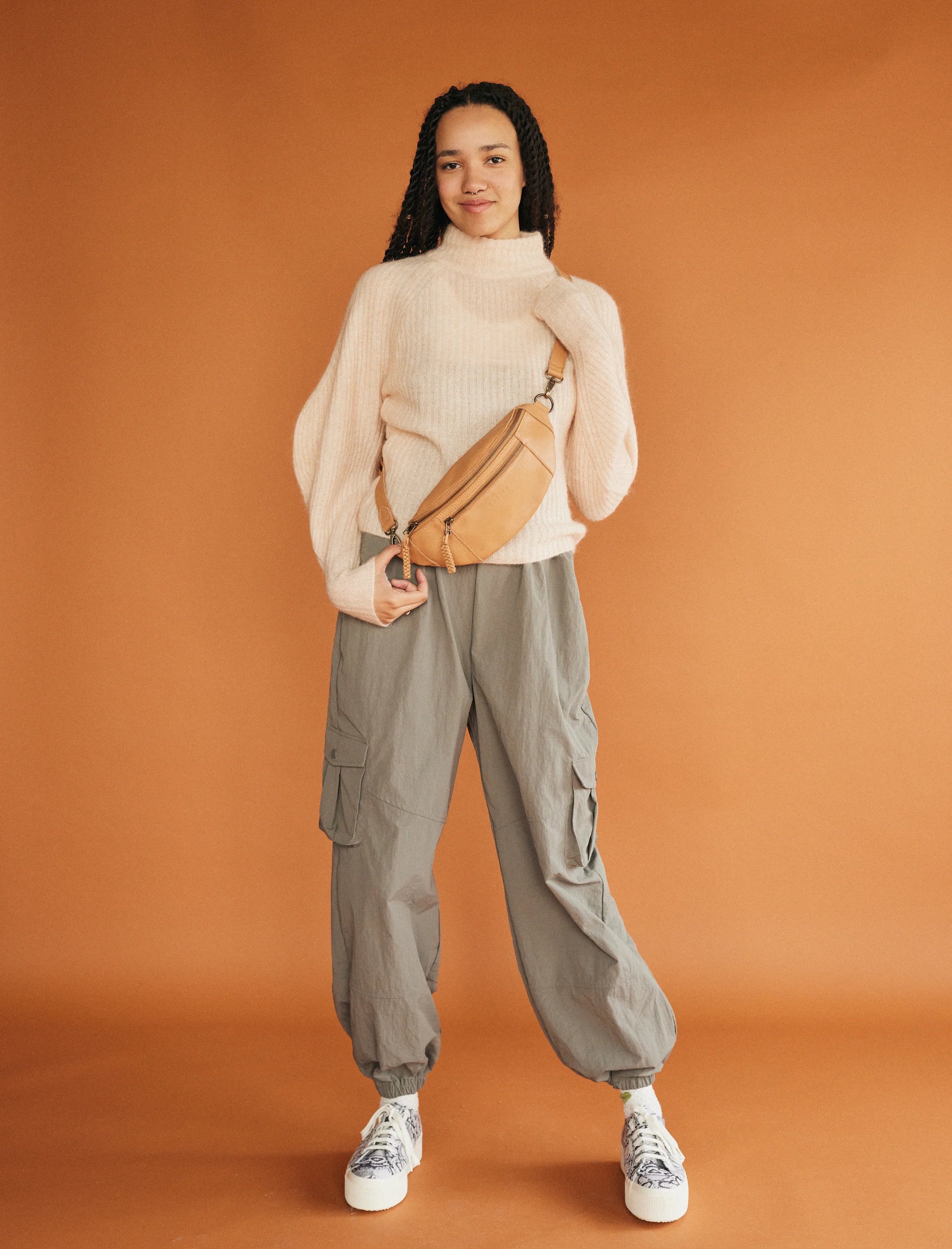 River Adjustable Leather Moonbag Crossbody in Almond Tan