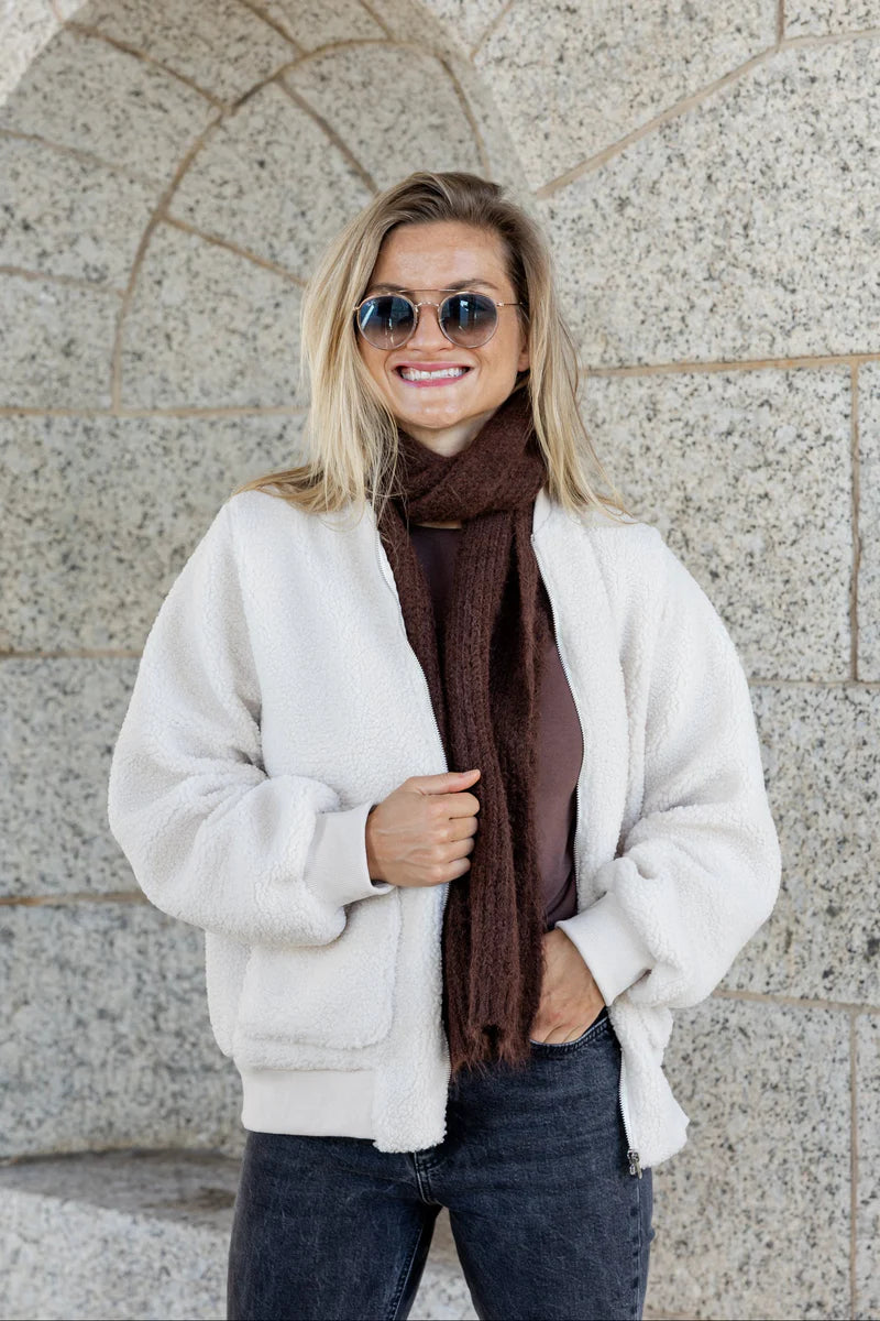Arcadia Lined Teddy Zipper Jacket in Cream