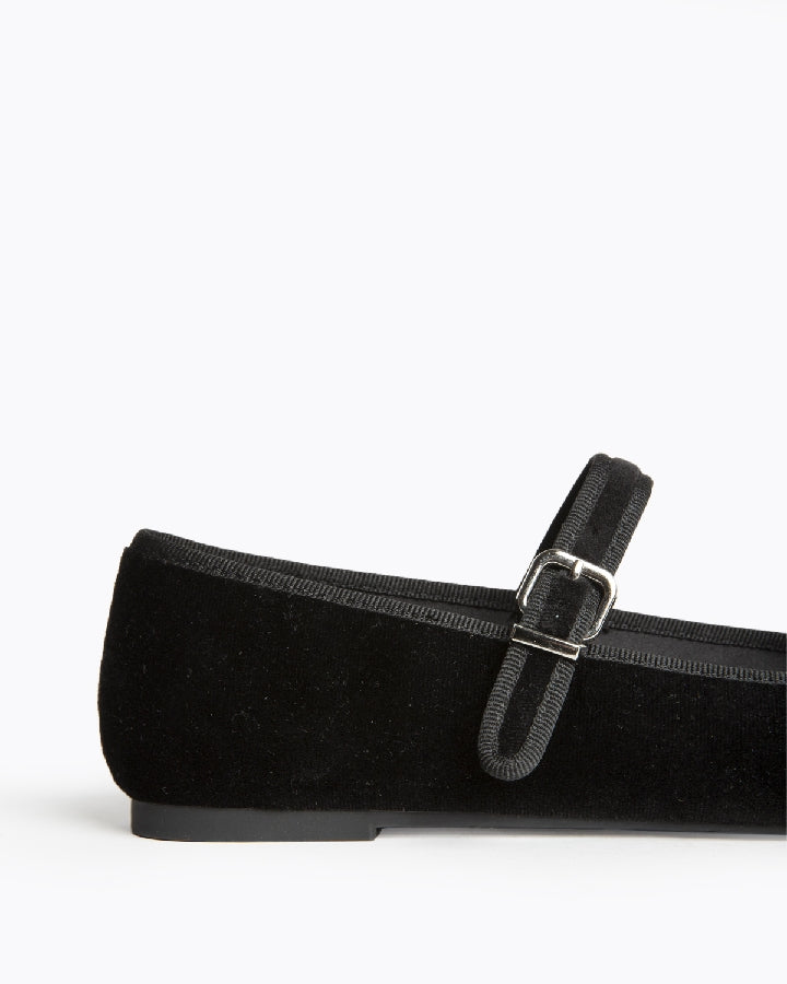 Velvet Mary Jane Flats in Pure Black
