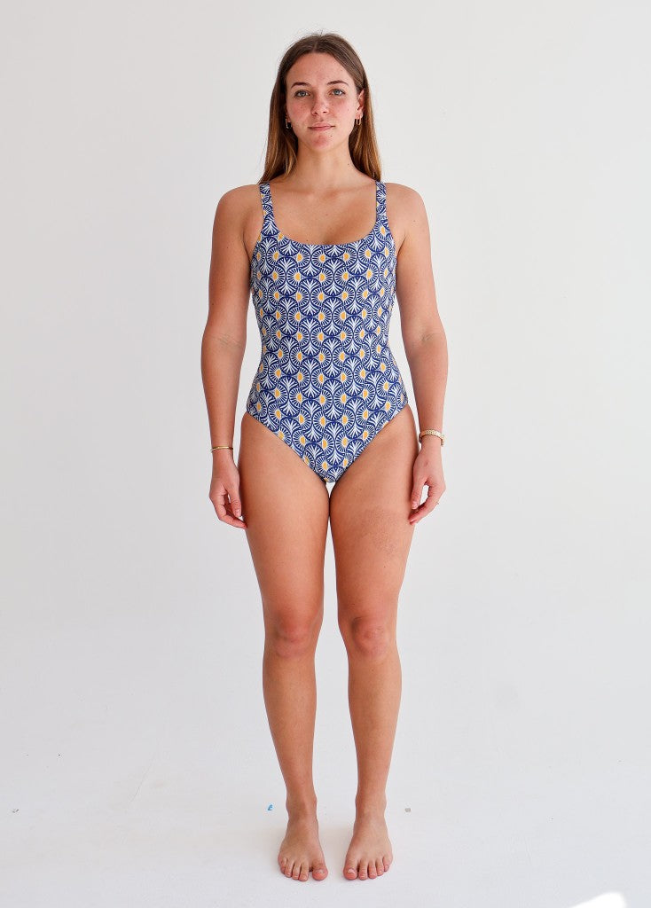 Kamuro Square Neck One Piece in Blue Sun Print
