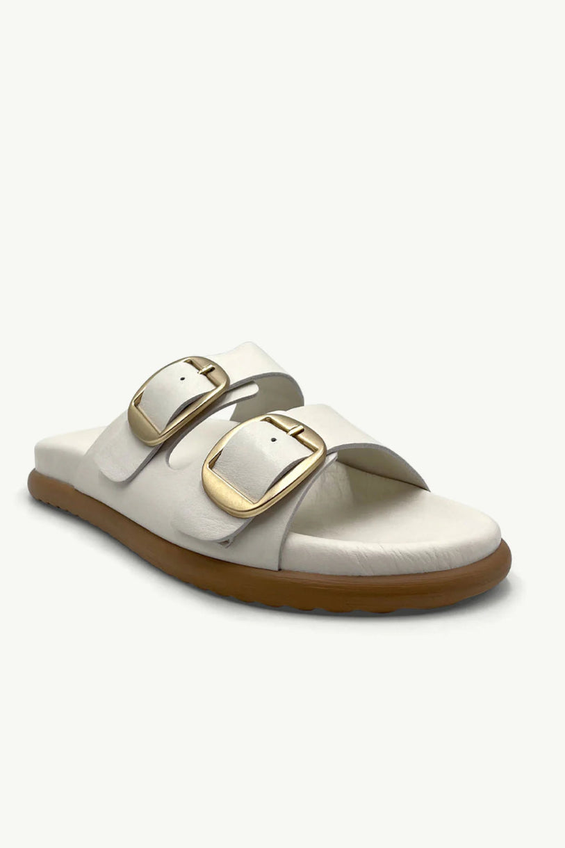 Neutral leather sandal with gold buckles against a studio background