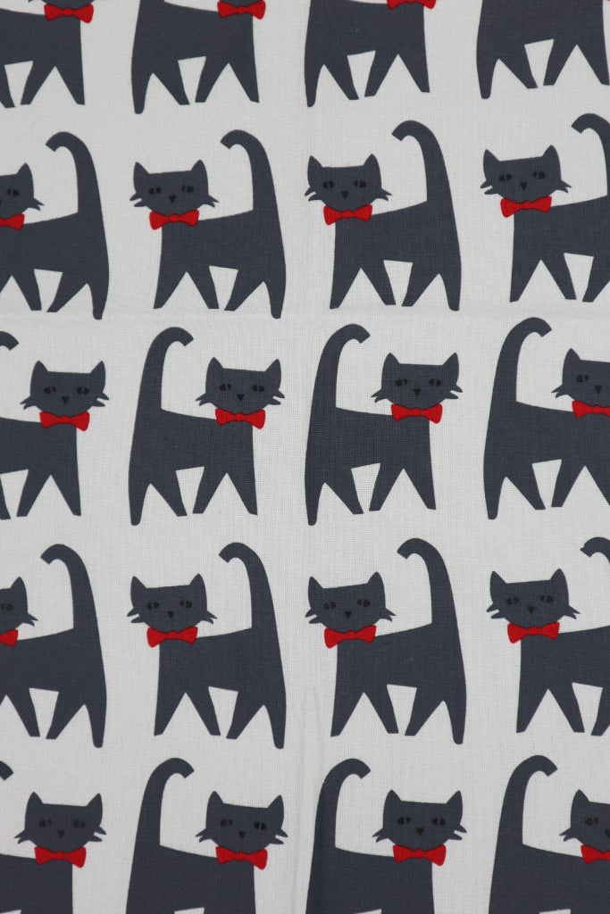 Printed Cotton Tea Towel in Cat Red Bows / Glacier Grey