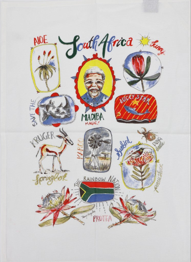 Printed Cotton Tea Towel in Rainbow Nation / White