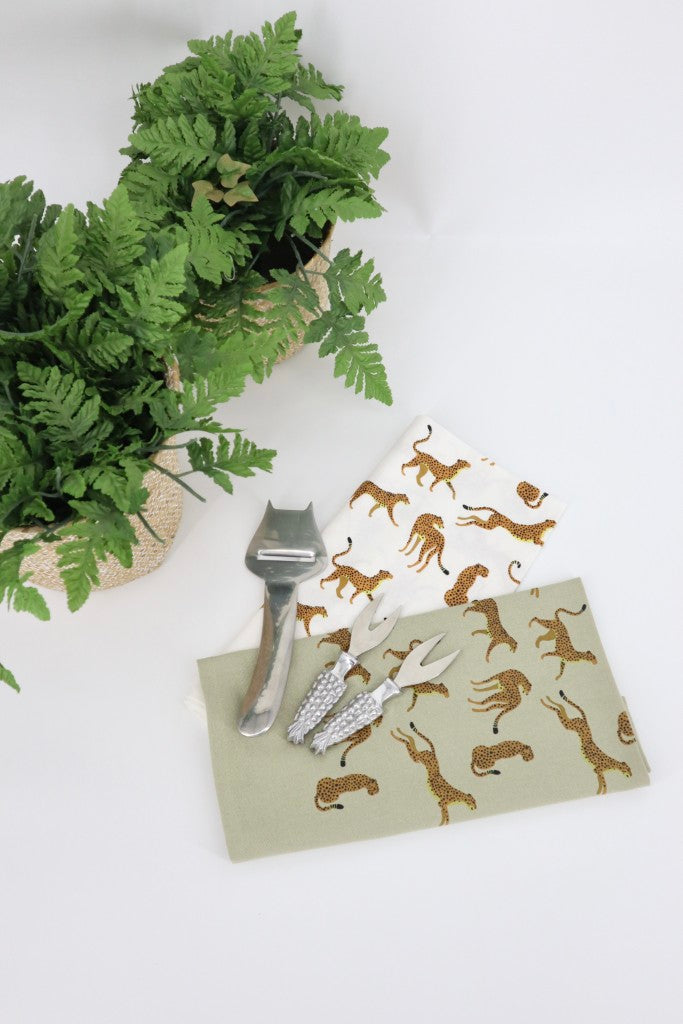 Printed Cotton Tea Towel in Cheetah / Sage