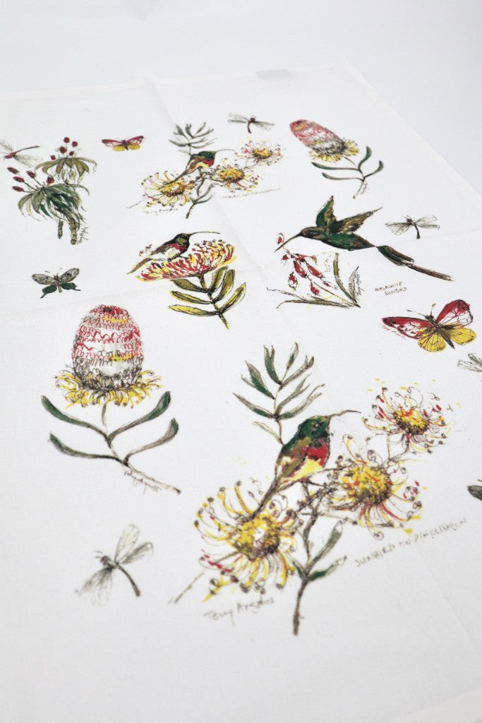 Printed Cotton Tea Towel in Birds & Botany / White