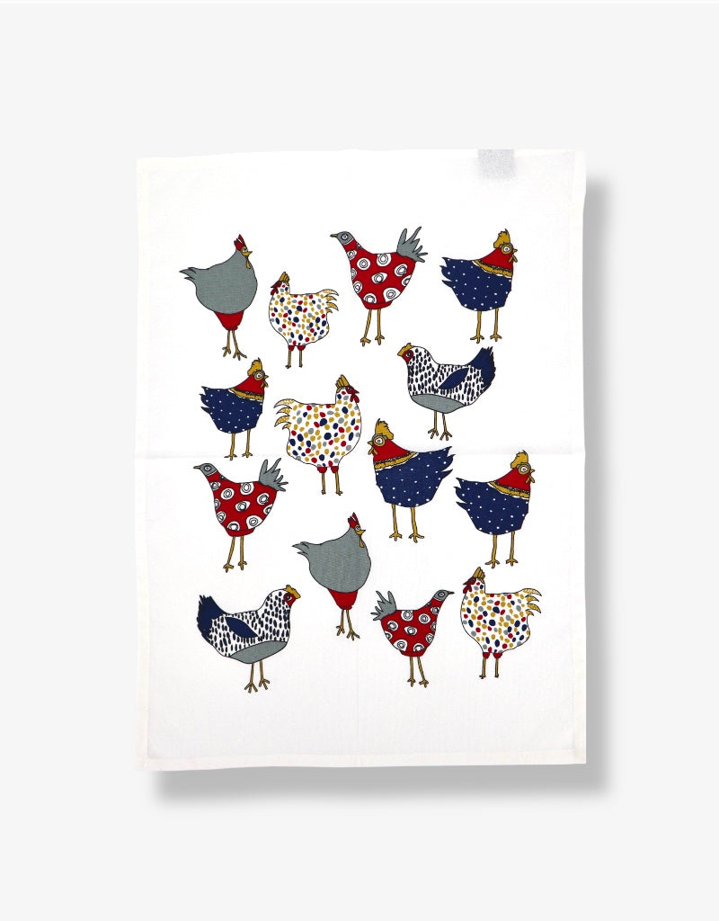 Printed Cotton Tea Towel in Crazy Chicken / White