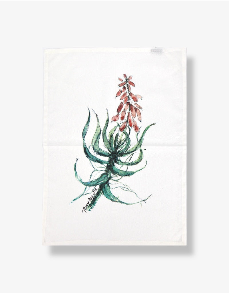 Printed Cotton Tea Towel in Aloe / White