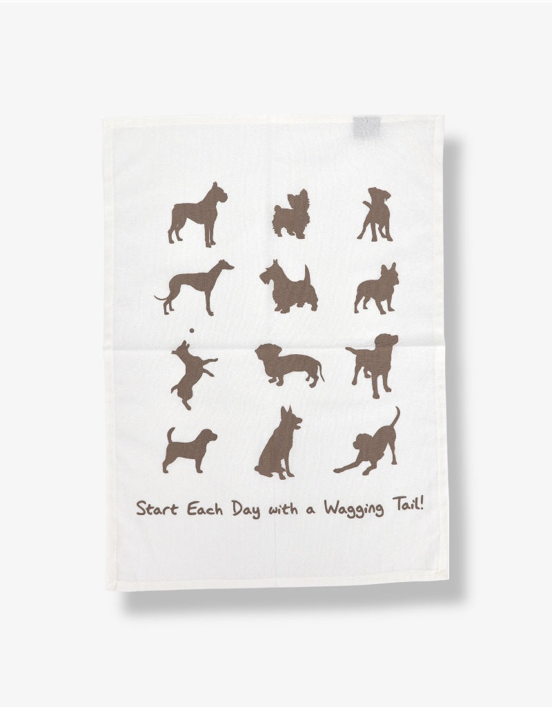 Printed Cotton Tea Towel in Wagging Tail / White
