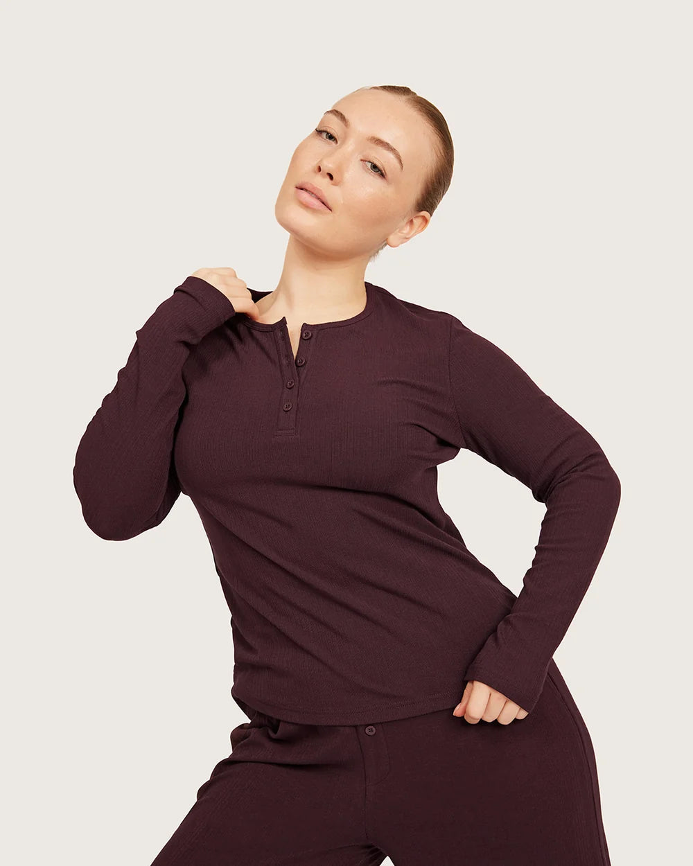 AiraRib Long Sleeve Henley Top in Mulberry
