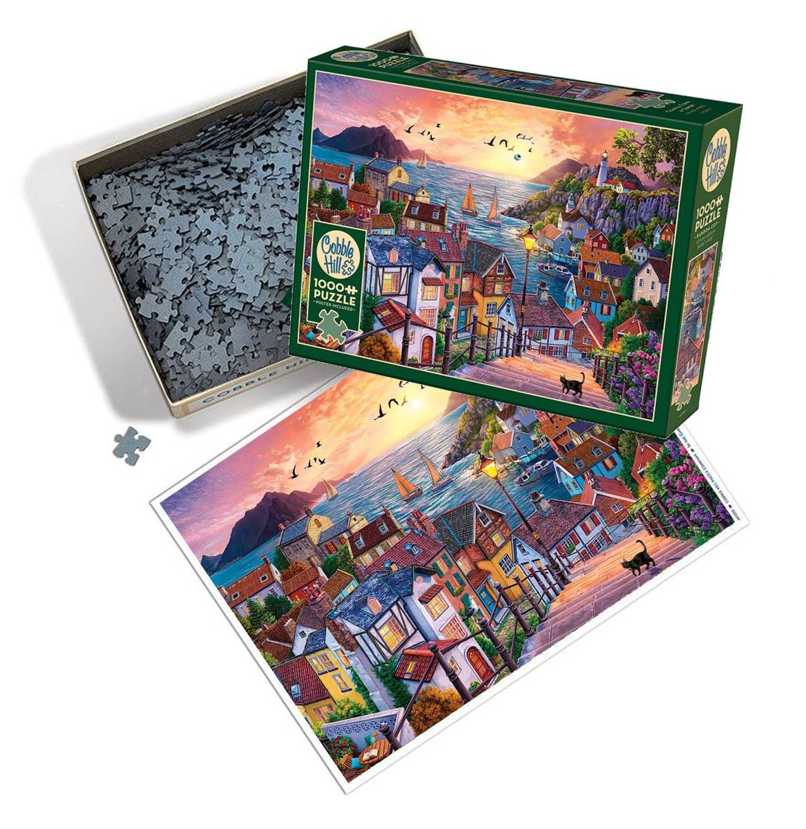 1000 Piece Puzzle in Coastal Town at Sunset