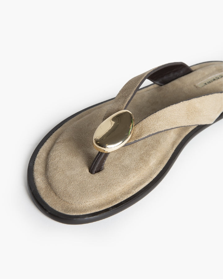 Luna Gold-Detail Flat Sandals in Beige