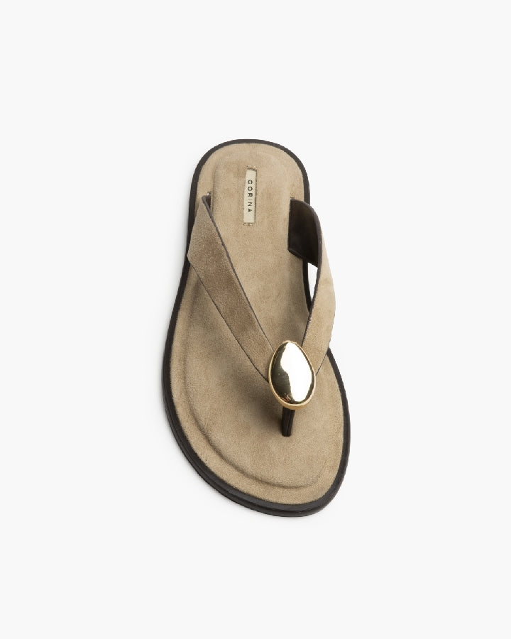 Luna Gold-Detail Flat Sandals in Beige