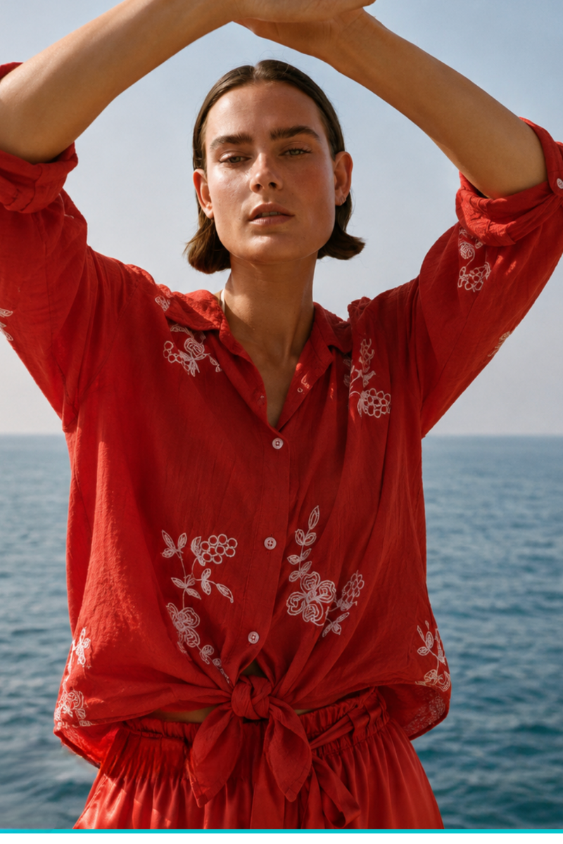 Cotton Tencel Embroidered Blouse in Red