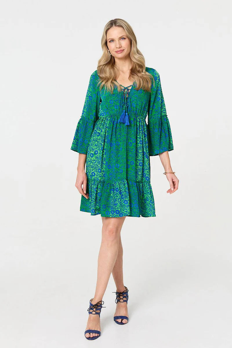 Paisley Print Tassel Dress in Green