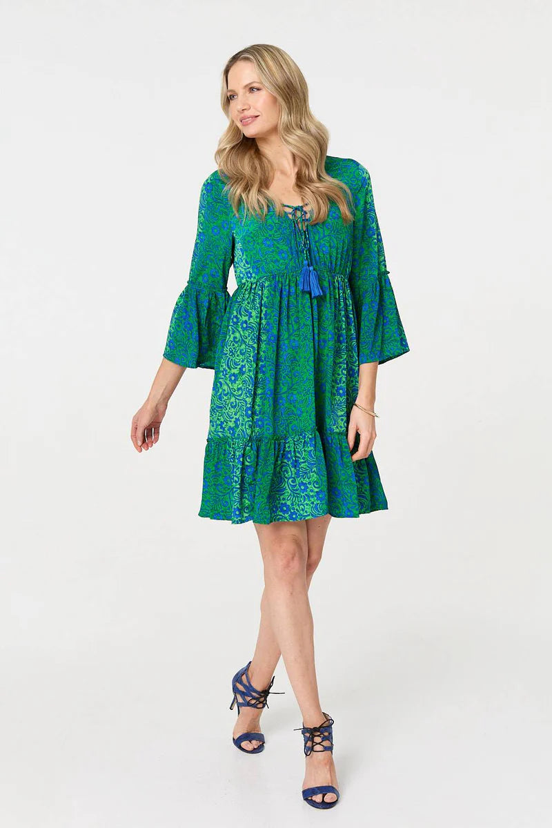 Paisley Print Tassel Dress in Green