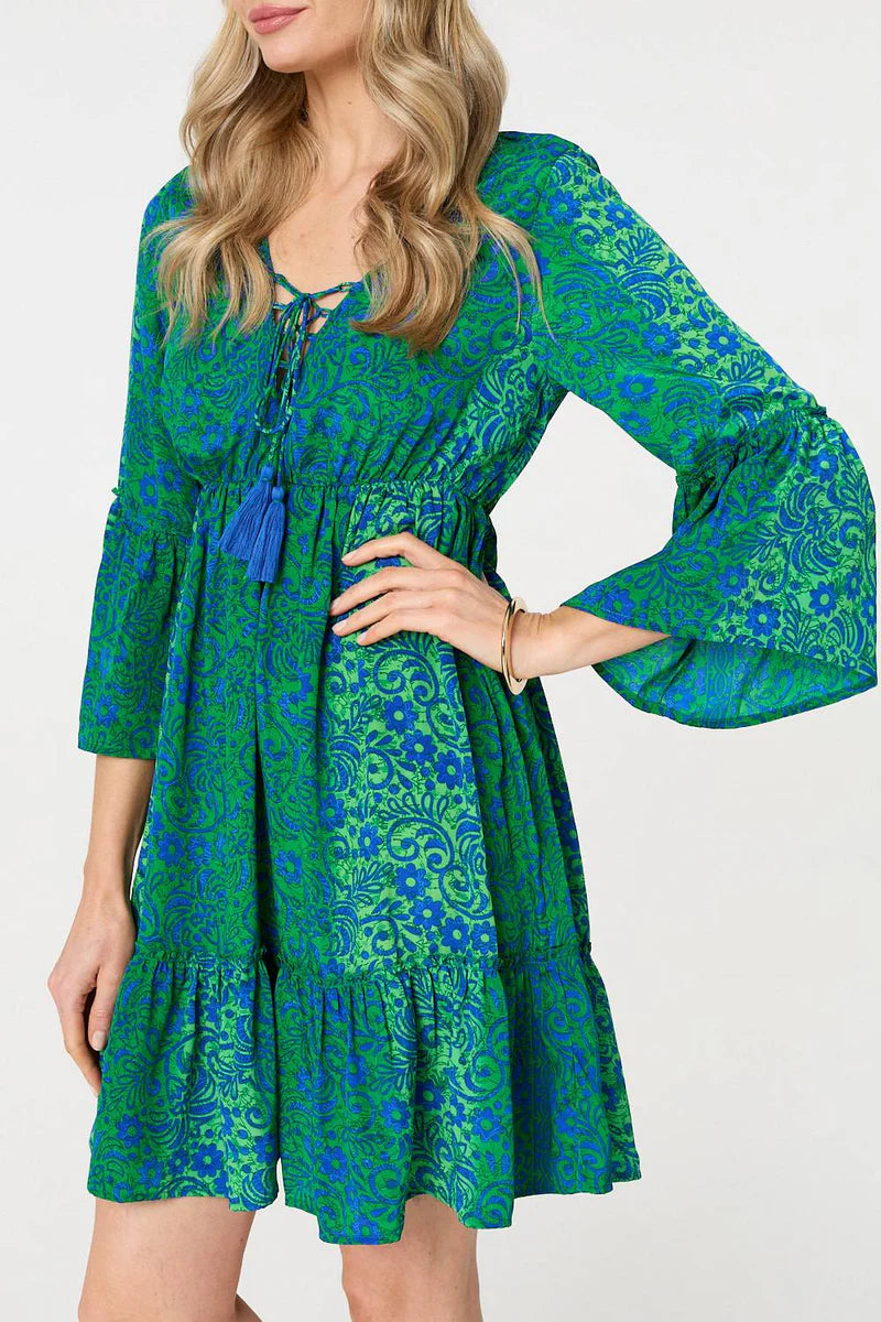 Paisley Print Tassel Dress in Green