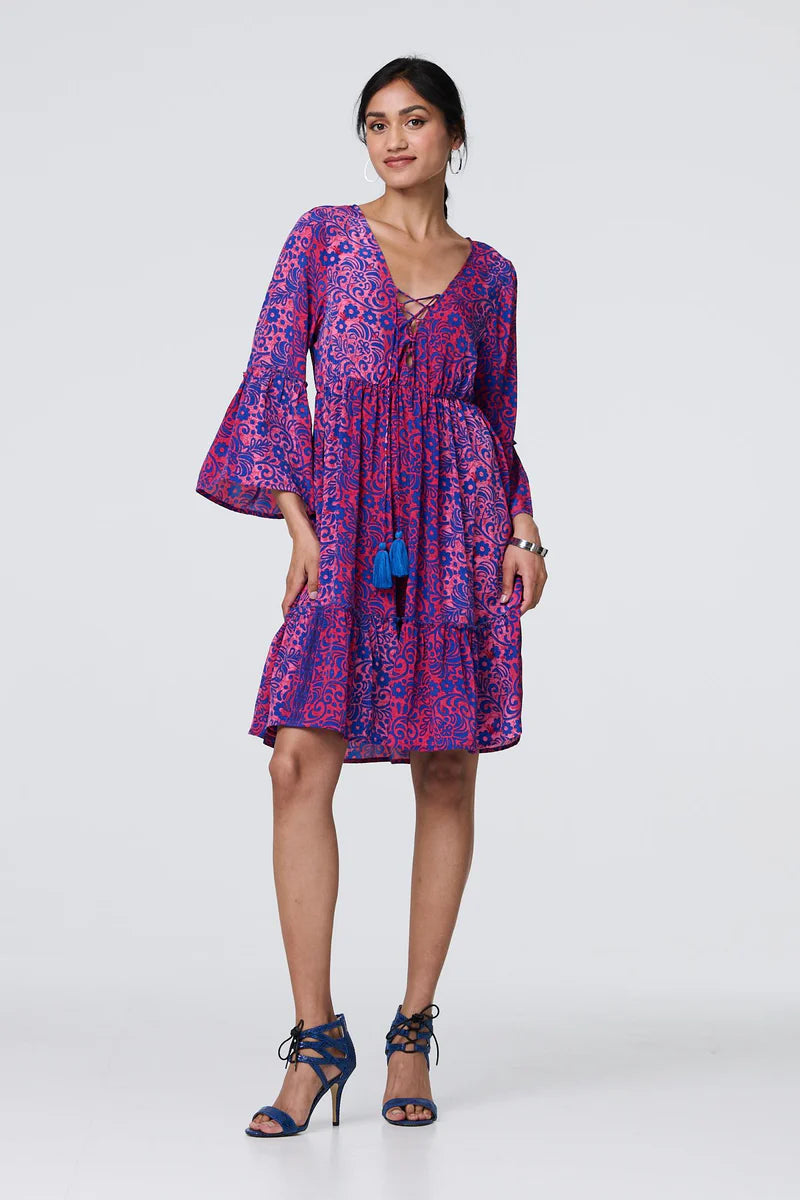 Paisley Print Tassel Dress Pink