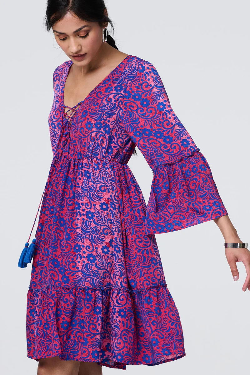 Paisley Print Tassel Dress Pink
