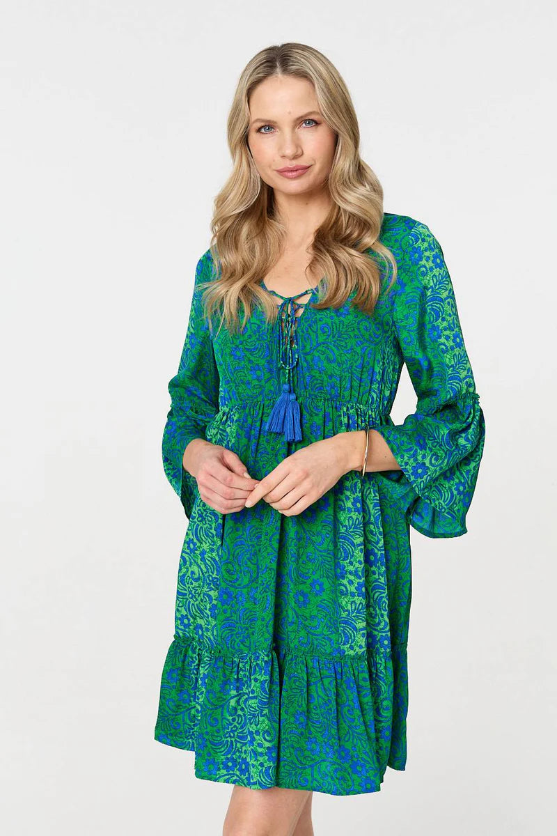 Paisley Print Tassel Dress in Green