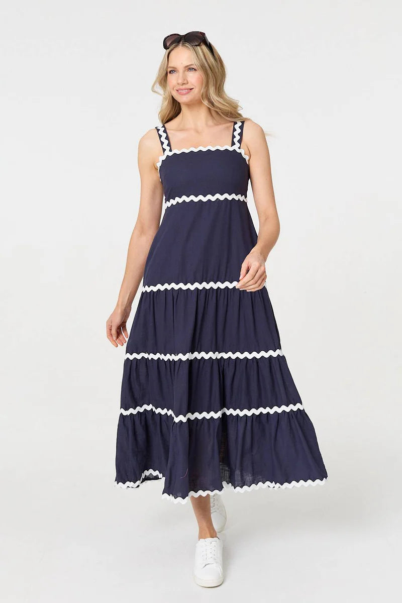 Zig Zag Trim Tiered Midi Dress in Navy
