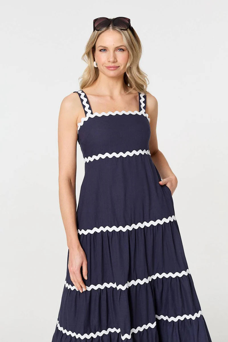 Zig Zag Trim Tiered Midi Dress in Navy