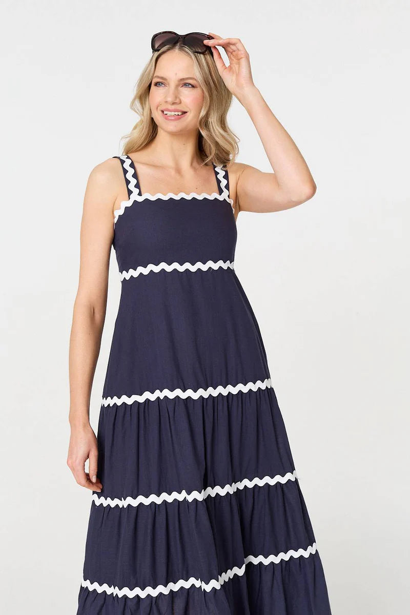 Zig Zag Trim Tiered Midi Dress in Navy