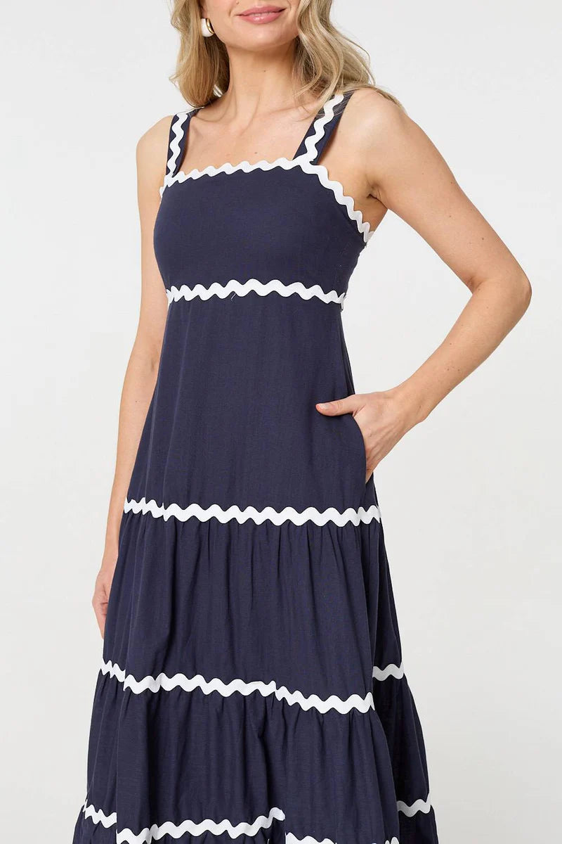 Zig Zag Trim Tiered Midi Dress in Navy