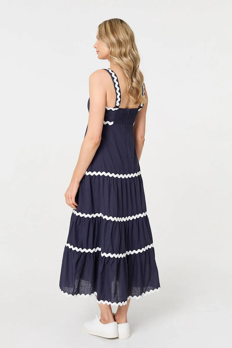 Zig Zag Trim Tiered Midi Dress in Navy