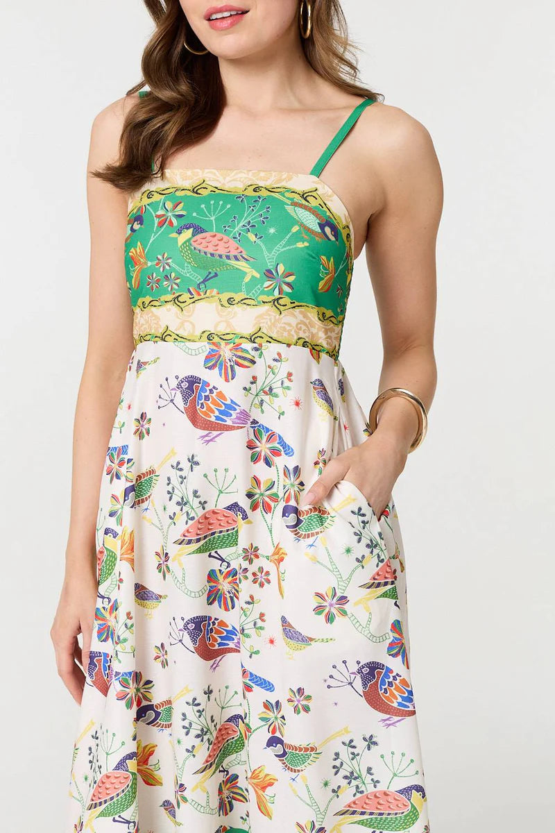 Birds And Palms Print Midi Dress