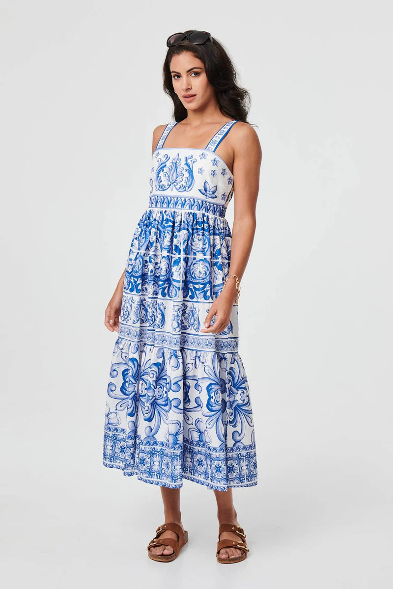 Mosaic Print Wide Strap Midi Sun Dress