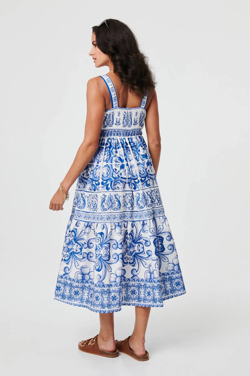 Mosaic Print Wide Strap Midi Sun Dress