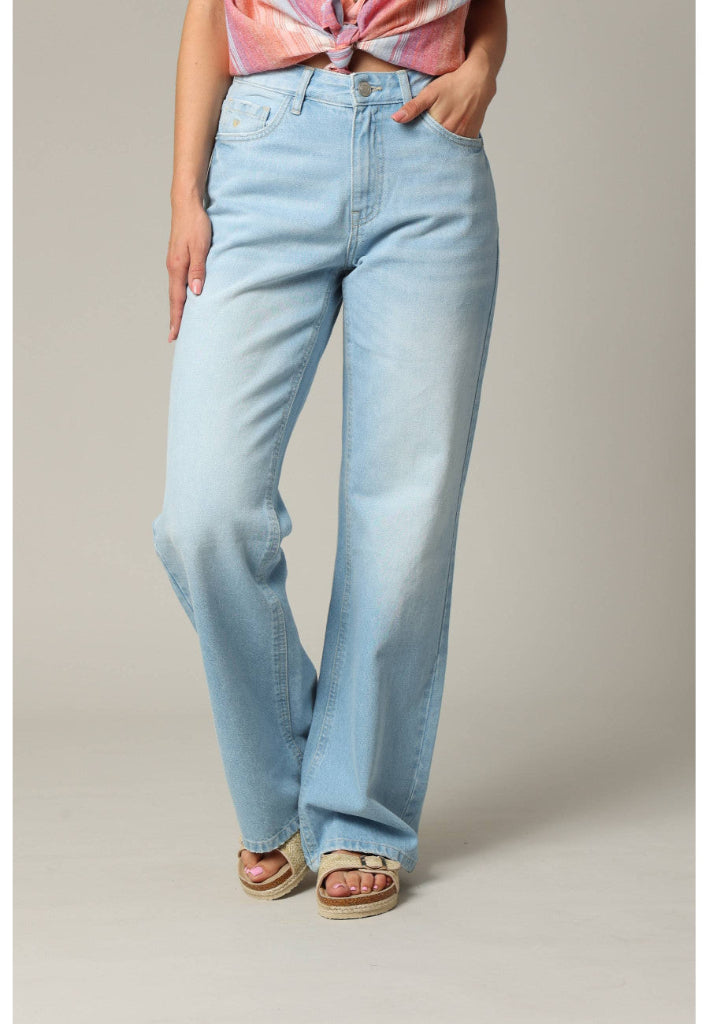 Light blue jeans worn by a person on a plain background
