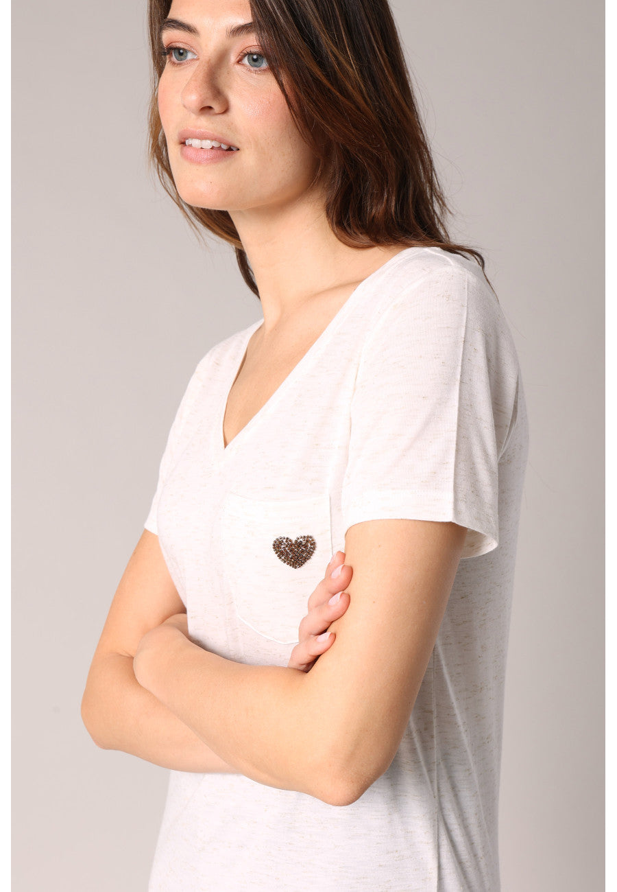 Kellie Beaded Heart Tee in Natural Marl