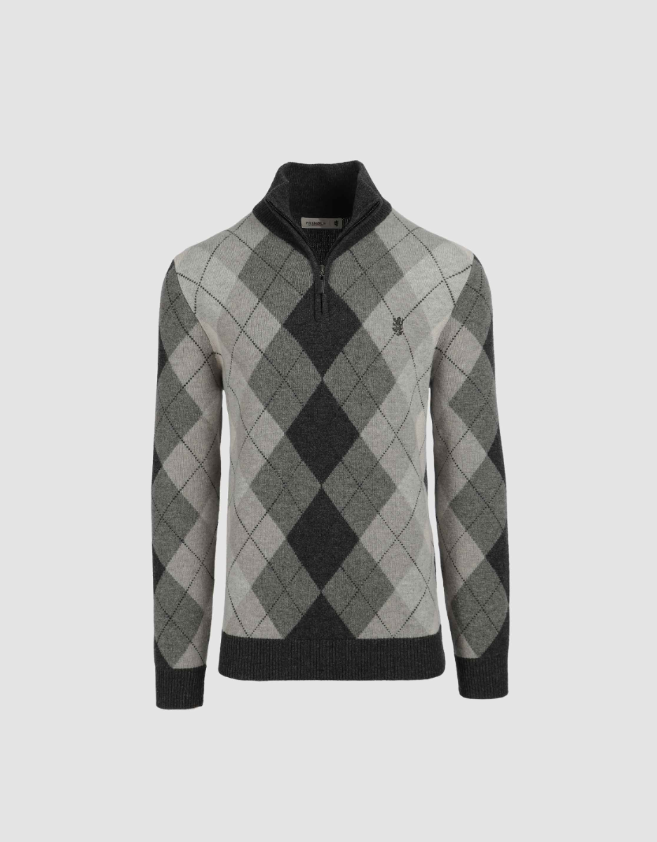 Wayne 1/4 Zip Sweater in Grey Argyle